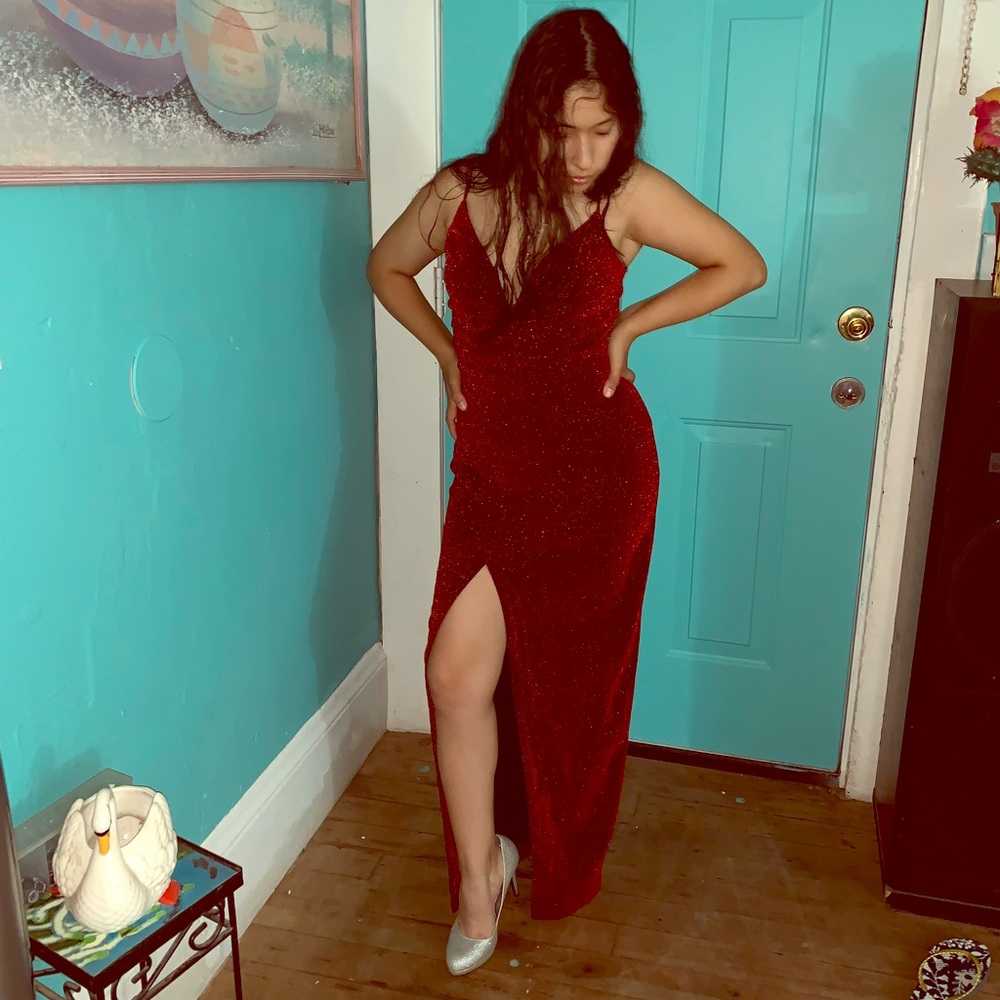 Mystic LA sparkling red slit dress